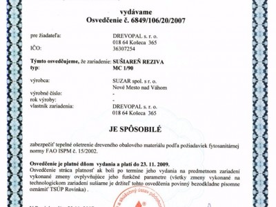 Osvedčenie o spôsobilosti sušiarne reziva