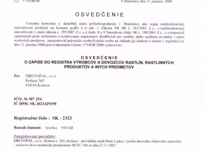 Osvedčenie o zápise do registra výrobcov a dovozcov rastlín, rastlinných produktov a iných predmetov